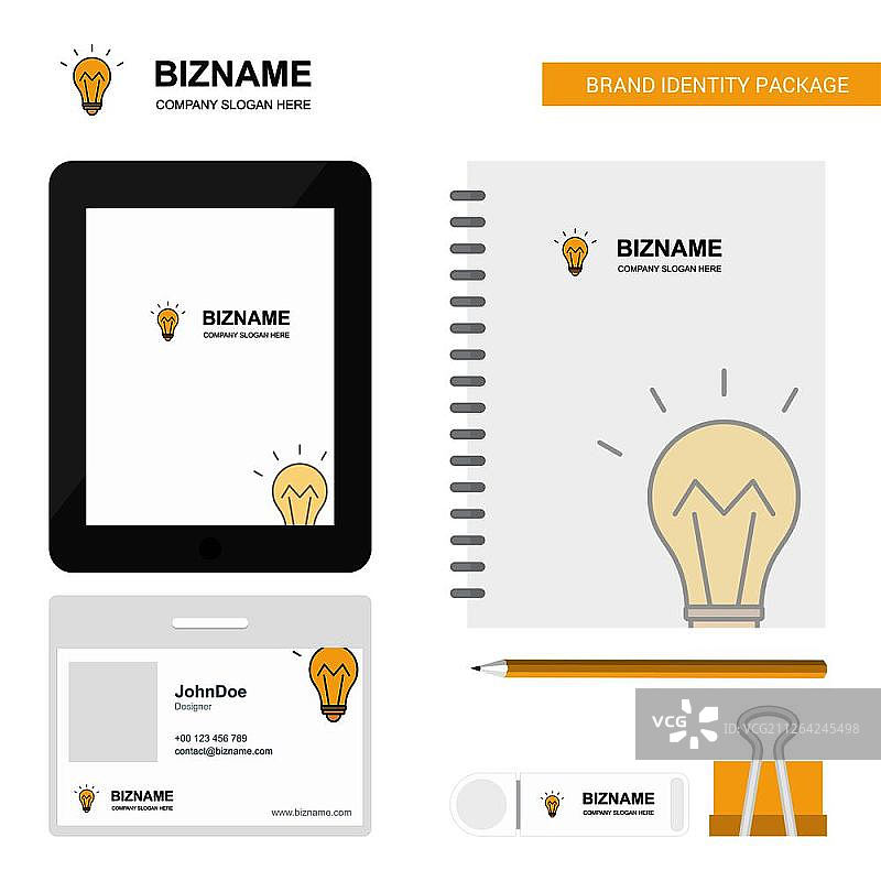 灯泡商业Logo、Tab App、日记PVC员工卡和USB品牌文具套装设计矢量模板图片素材