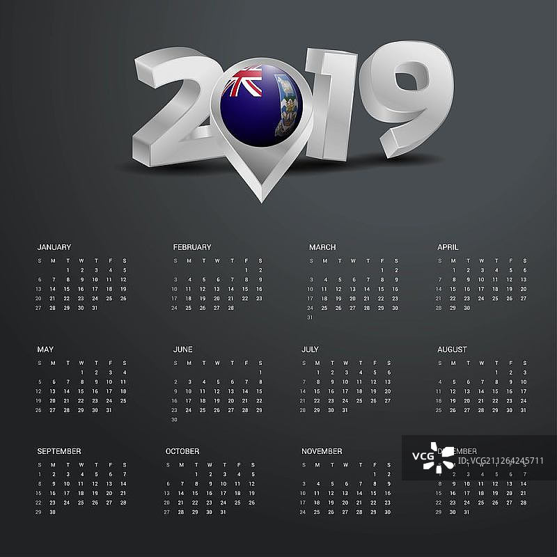 2019年日历模板，灰色排版与福克兰群岛国家地图金色排版标题图片素材