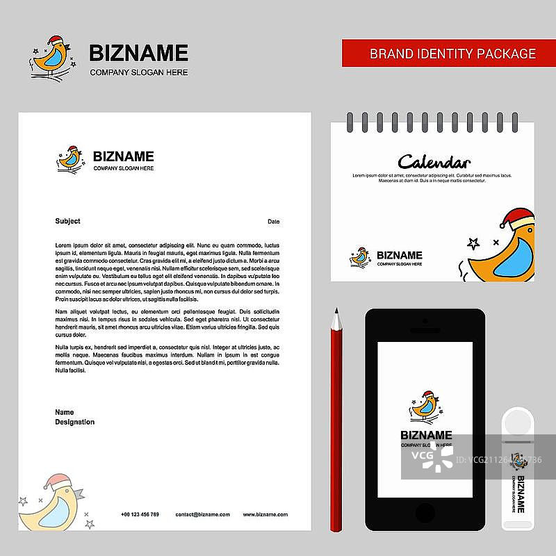 Bird Business Letterhead，日历2019和移动应用程序设计矢量模板图片素材