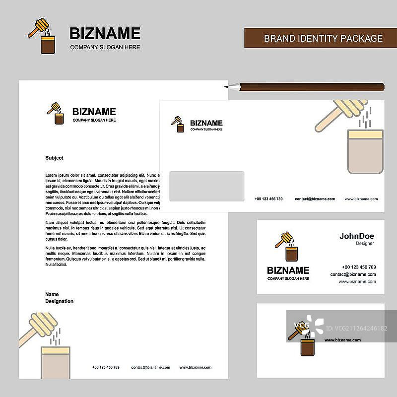 蜂蜜企业信笺、信封和名片设计矢量模板图片素材