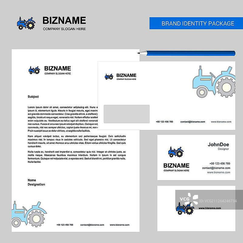 拖拉机公司信头、信封和名片设计矢量模板图片素材