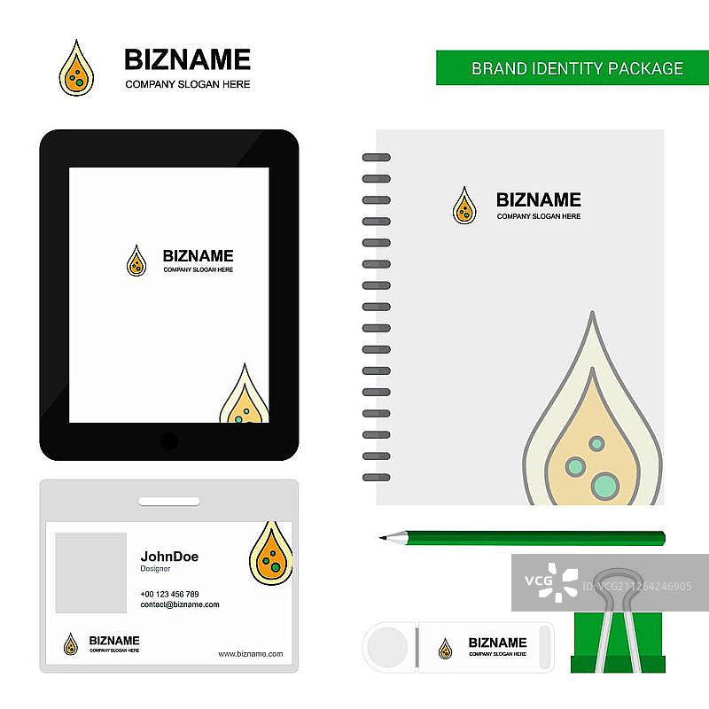 水滴商业Logo、Tab应用、日记PVC员工卡和USB品牌文具套装设计矢量模板图片素材