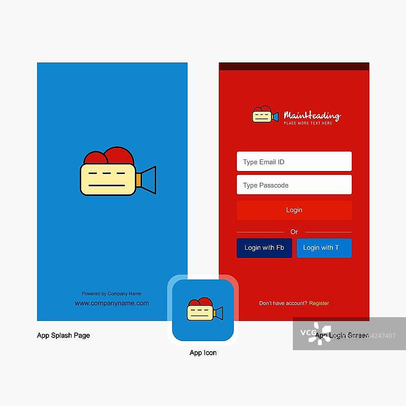 公司摄像机启动画面和登录页面设计与Logo模板，移动在线商务模板图片素材