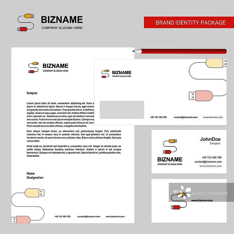 USB数据线商务信笺、信封和名片设计矢量模板图片素材
