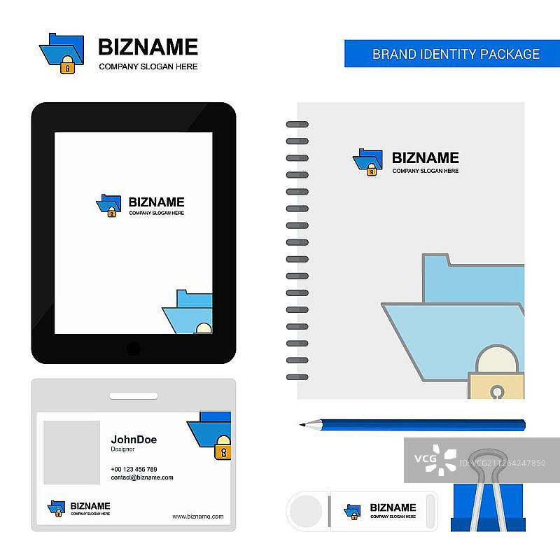 锁定的文件夹商业Logo、选项卡App、日记PVC员工卡和USB品牌文具套装设计矢量模板图片素材