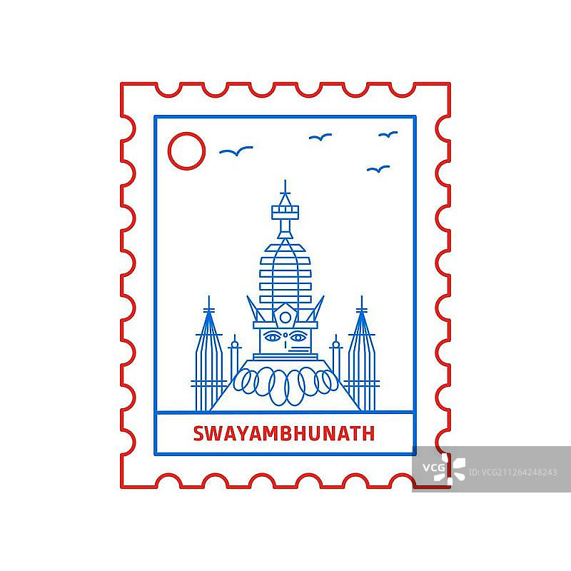 斯瓦扬布纳特寺邮票蓝红线条风格矢量插画图片素材