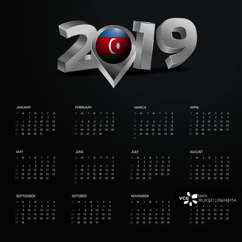 2019年日历模板与阿塞拜疆地图灰色标题图片素材