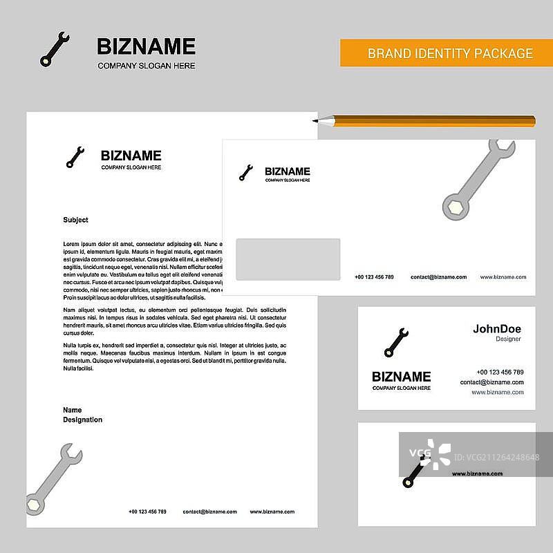 扳手商业信笺、信封和名片设计矢量模板图片素材