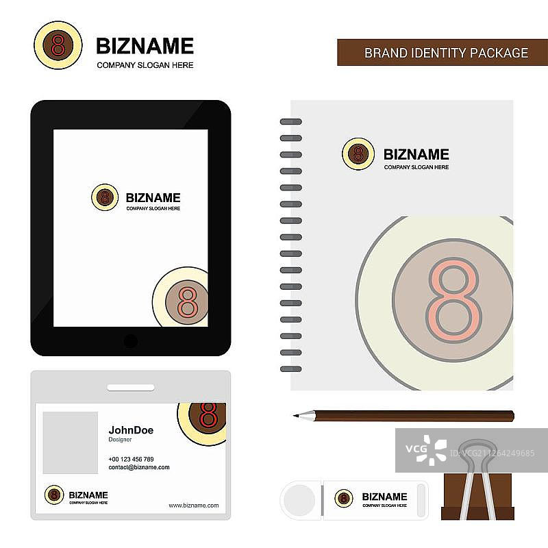 斯诺克球商业Logo、Tab应用、日记本PVC员工卡和USB品牌文具套装设计矢量模板图片素材