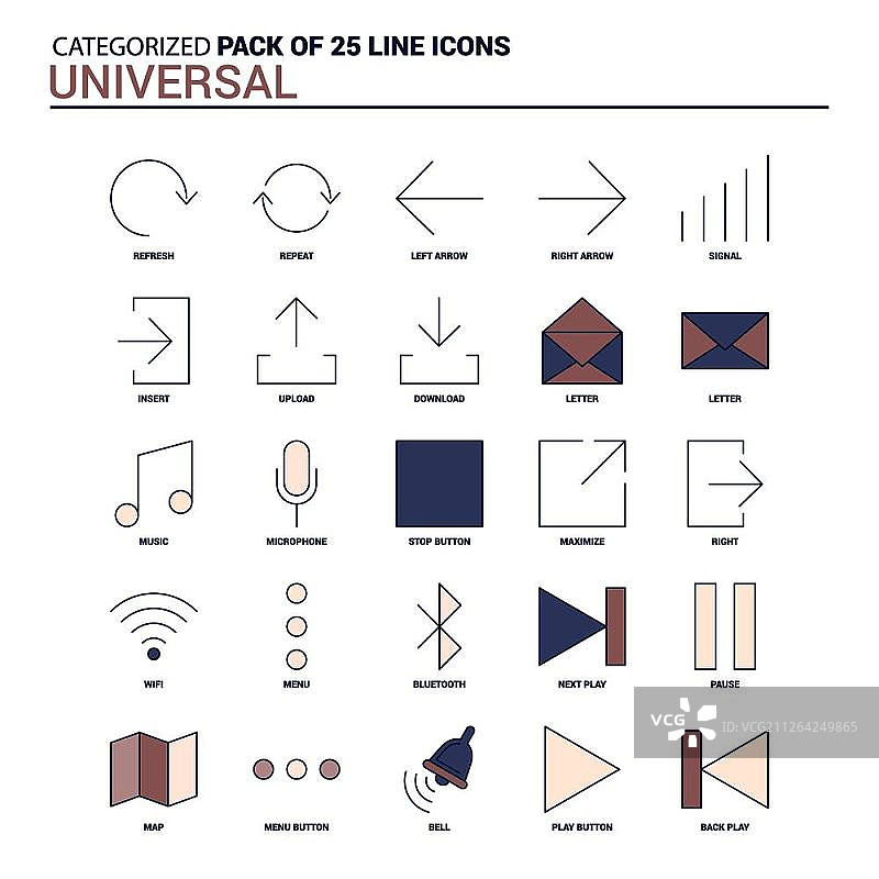 通用图标复古套装 - 25个扁平线性图标图片素材