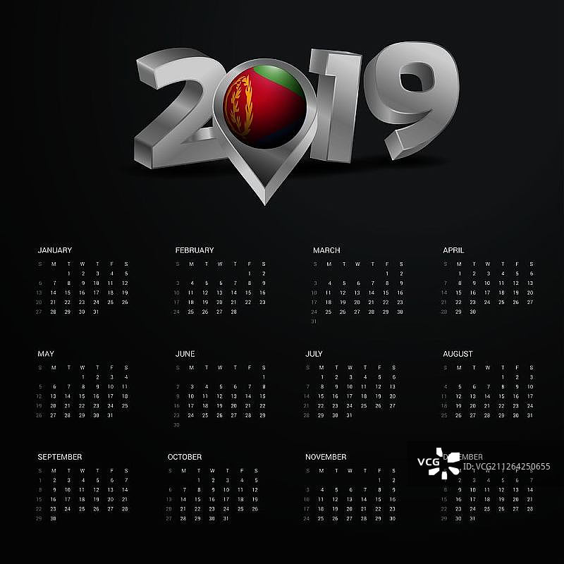 2019年日历模板：灰色排版，厄立特里亚国家地图金色标题图片素材