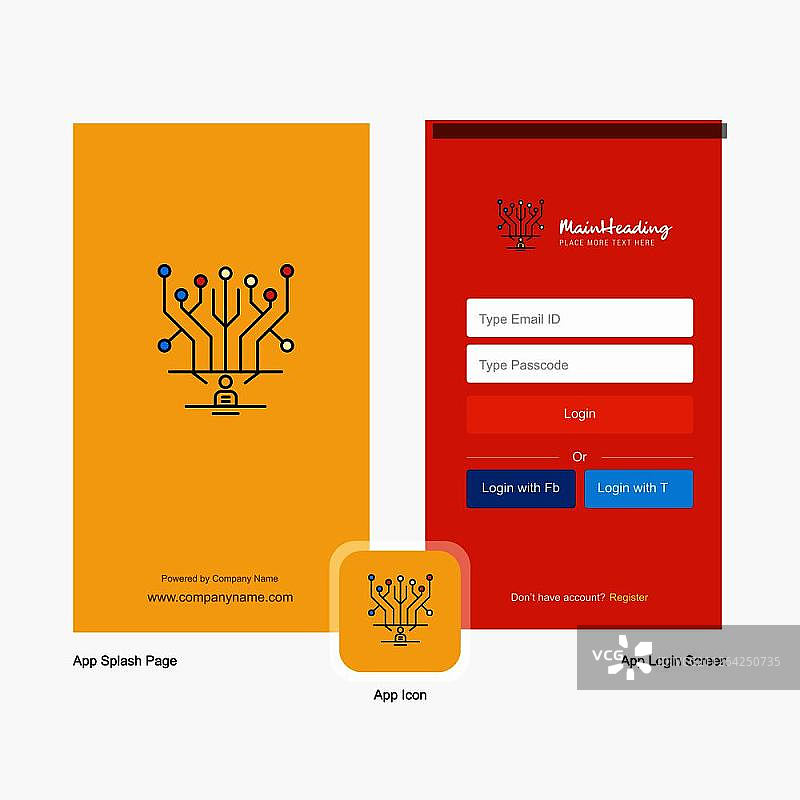 公司电路启动屏幕和登录页面设计与标志模板。移动网上业务模板图片素材