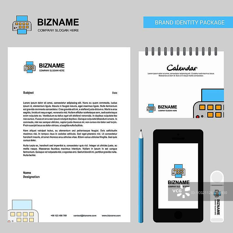 打印机商业信笺抬头、2019年日历和移动应用程序设计矢量模板图片素材