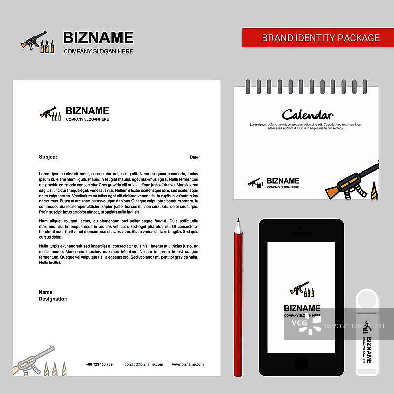 枪支商业信笺、2019年日历和手机App设计矢量模板图片素材