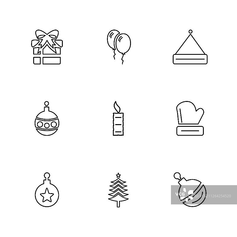 圣诞节前夕：雪花、树木、糖果、新年、庆祝、礼品盒、降雪、冬季、连衣裙图标矢量设计图片素材