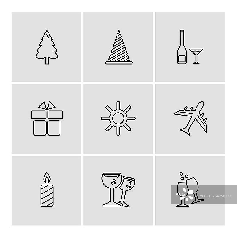 圣诞节前夕：雪花、树木、糖果、新年、庆祝、礼品盒、降雪、冬季、连衣裙图标矢量设计图片素材