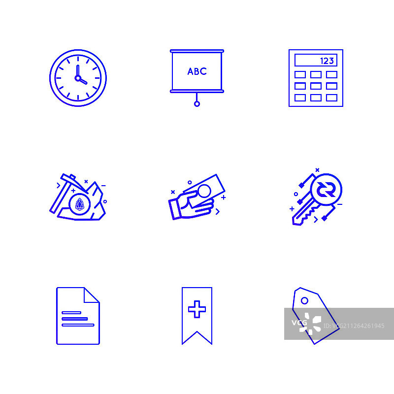 时钟、ABC图表、计算器、标签、钥匙、斧头、钱、纸、丝带、图标矢量设计扁平风格创意图标合集图片素材
