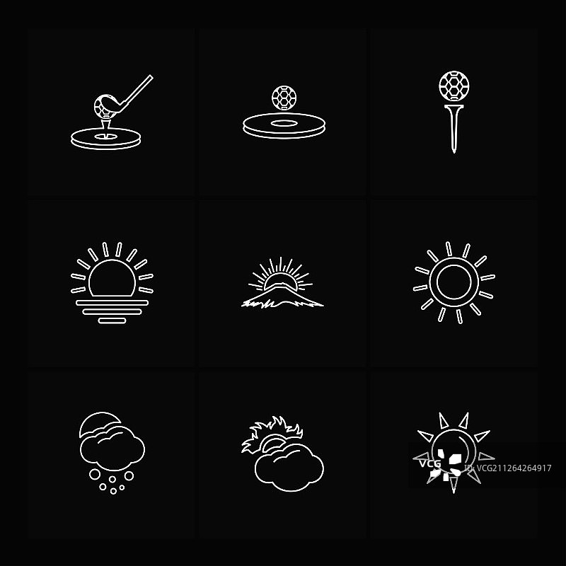 天气、体育、气候、高尔夫、太阳、球、高尔夫球棒、击球、射击、夏季、雪、云、雨、山丘、球车、球童、球位标志、图标、矢量、设计、扁平风格、创意图标合集图片素材