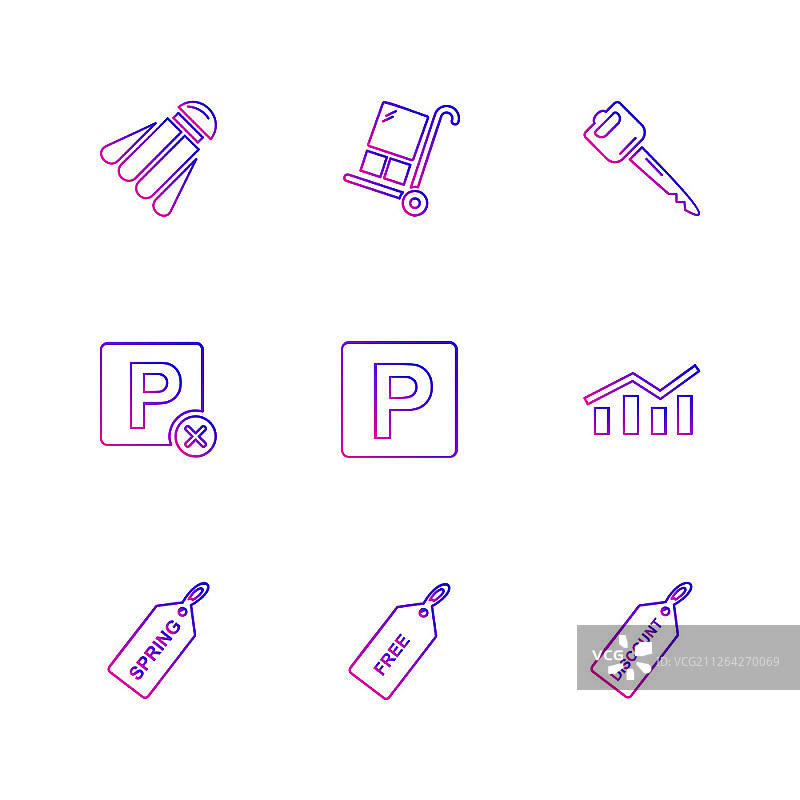 羽毛球、购物车、钥匙、贝宝、分享、图表、标签、弹簧、免费、折扣图标集、线条、矢量、商务标志符号轮廓图片素材