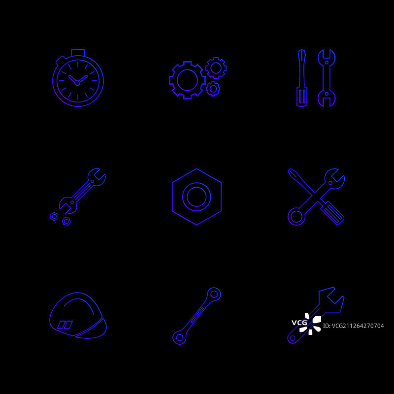 螺母、螺丝刀、扳手、秒表五金工具图标合集图片素材