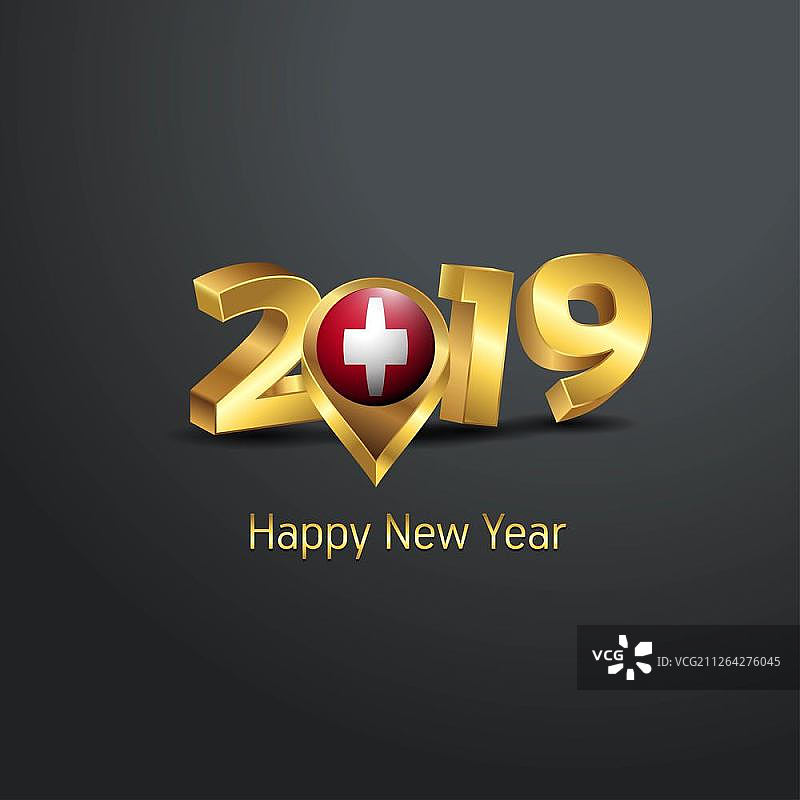 2019新年快乐金色排版与瑞士国旗位置标记图片素材