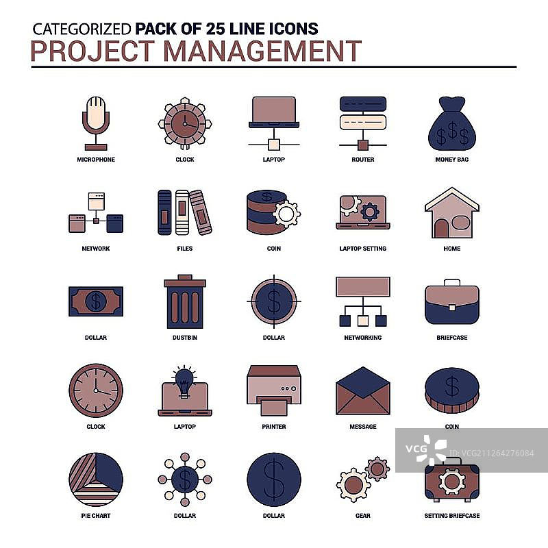 复古项目管理图标集 - 25个扁平线条图标图片素材