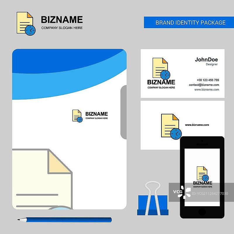 准时完成任务商业Logo、文件封面名片和移动App设计矢量图图片素材