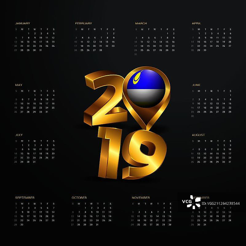 2019年日历模板，带有布里亚特共和国地图的金色排版标题图片素材