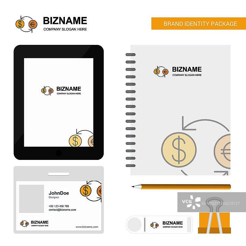 货币兑换商务Logo、Tab App、日记PVC员工卡和USB品牌文具套装设计矢量模板图片素材