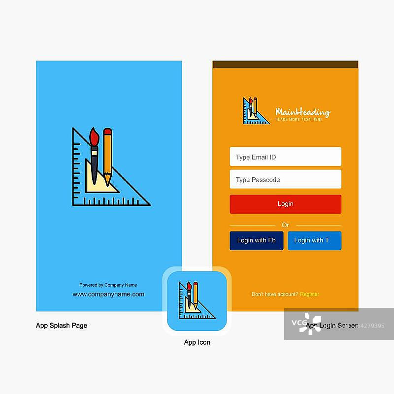 公司几何比例启动页和登录页设计，带Logo模板。移动在线商务模板图片素材