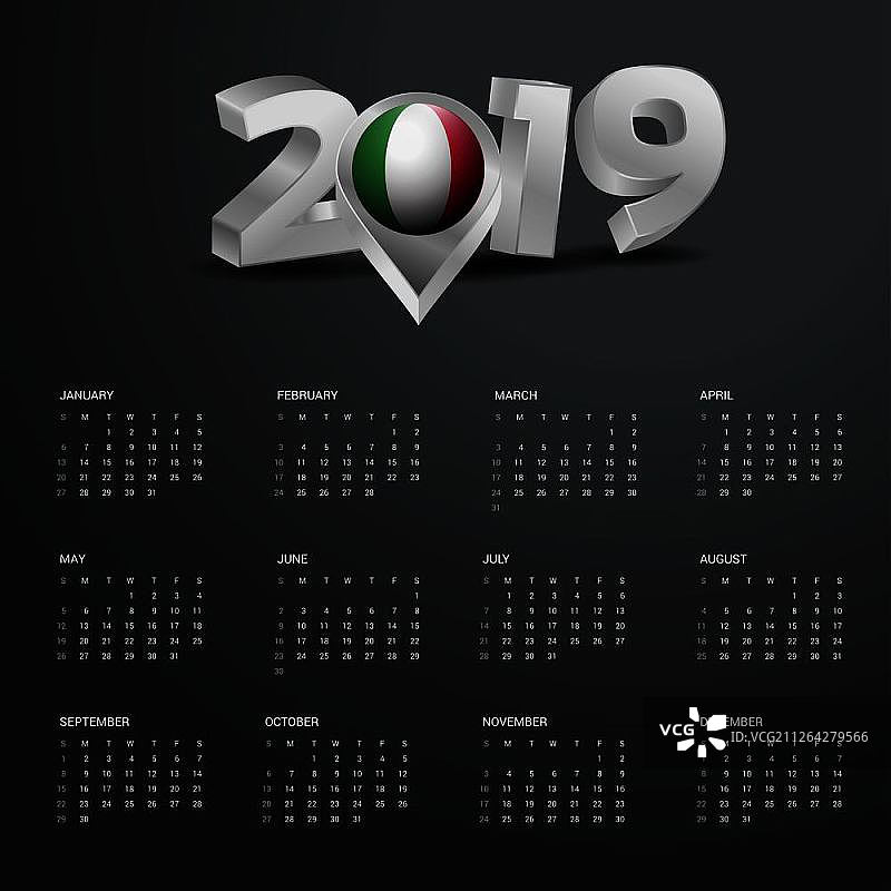 2019年日历模板，带有意大利地图的灰色排版金色标题图片素材