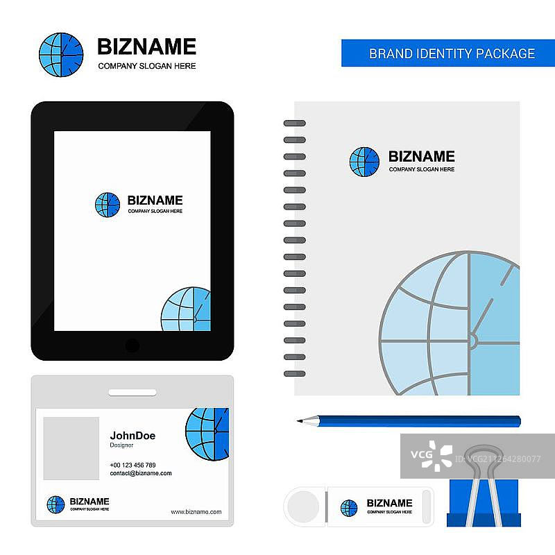 时钟商务Logo、Tab App、日记PVC员工卡和USB品牌文具套装设计矢量模板图片素材