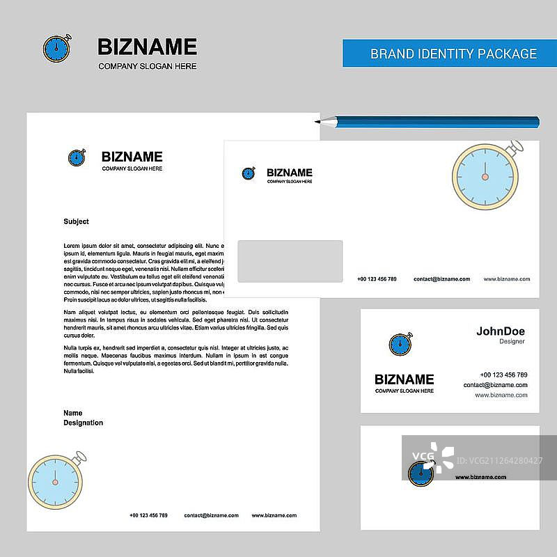 跑表，商业信笺，信封和名片设计矢量模板图片素材