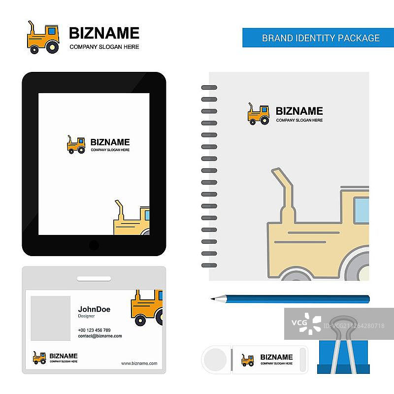 拖拉机商业Logo、Tab App、日记PVC员工卡和USB品牌文具套装设计矢量模板图片素材