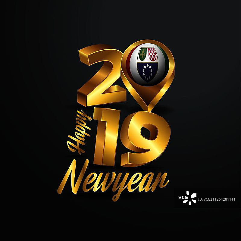 2019新年快乐金色排版与波斯尼亚和黑塞哥维那国旗定位图钉图片素材