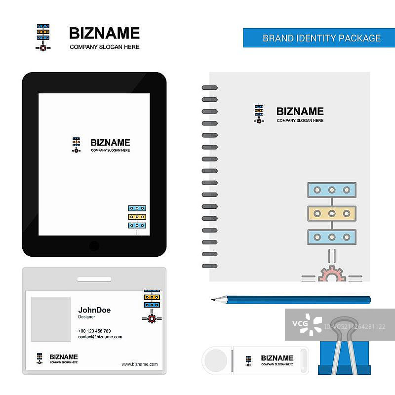 网络设置商业Logo、Tab App、日记PVC员工卡和USB品牌文具套装设计矢量模板图片素材