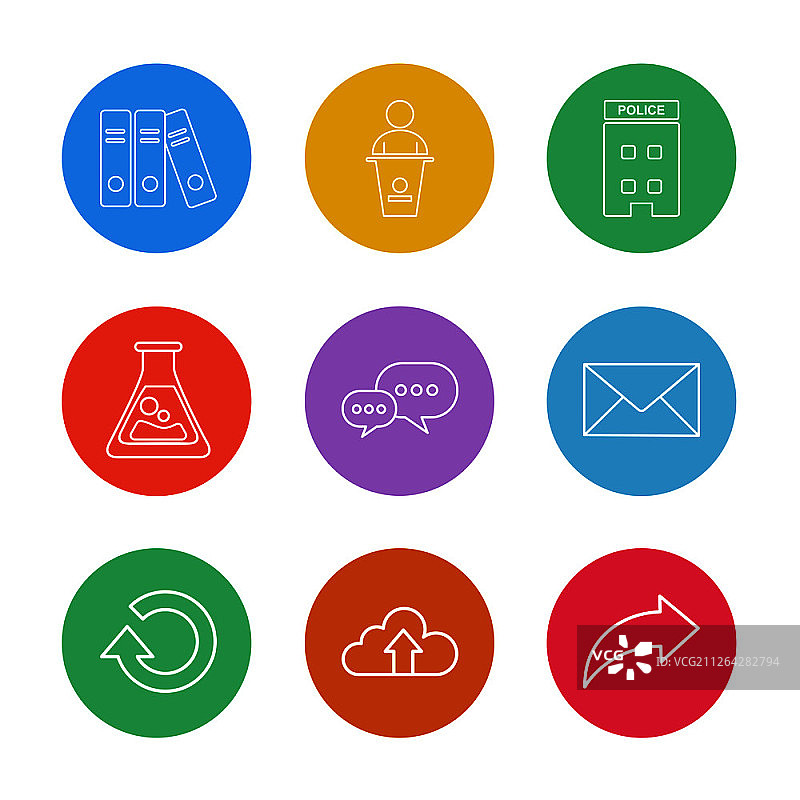 文件、办公桌、警察局、烧杯、聊天、消息、云、图标矢量设计扁平风格图标合集图片素材