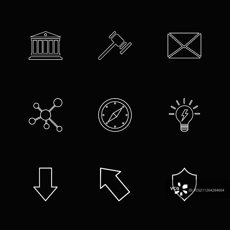白宫、锤子、信封、化学键、指南针、灯泡、向下箭头、盾牌、图标、矢量、设计、扁平风格、合集、创意图标图片素材