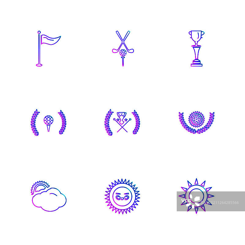 天气、体育、气候、高尔夫、太阳、球、高尔夫球棒、击球、射击、夏季、雪、云、雨、山丘、球车、球童、球位标志、图标、矢量、设计、扁平风格、创意图标合集图片素材