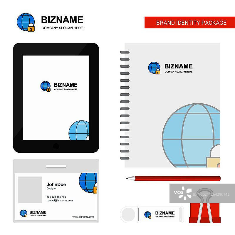 互联网保护的企业Logo、Tab应用、日记PVC员工卡和USB品牌文具套装设计矢量模板图片素材