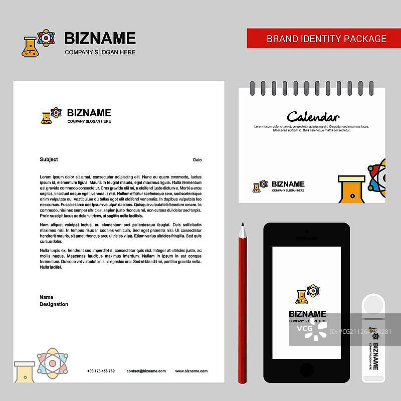 化学烧杯商业信笺、2019年日历和移动App设计矢量模板图片素材