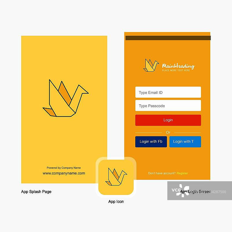 公司鸟类启动画面和登录页面设计与Logo模板，移动在线商务模板图片素材