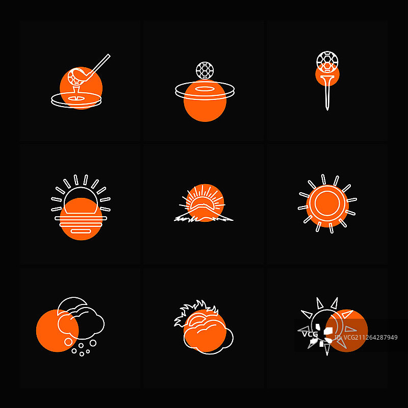 天气、体育、气候、高尔夫、太阳、球、高尔夫球棒、击球、射击、夏季、雪、云、雨、山丘、球车、球童、球位标志、图标、矢量、设计、扁平风格、创意图标合集图片素材