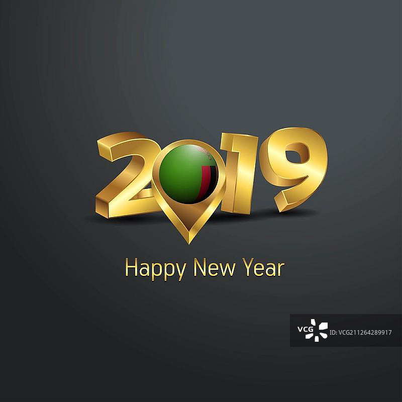 2019新年快乐：赞比亚国旗定位 pin 金色排版设计图片素材