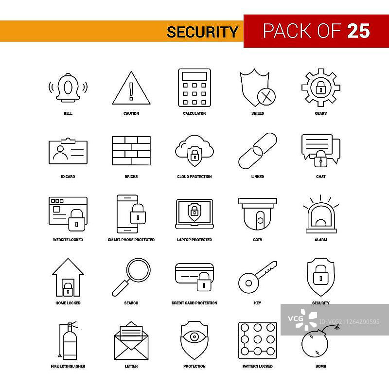 黑色安全线图标 - 25个商业轮廓图标集图片素材