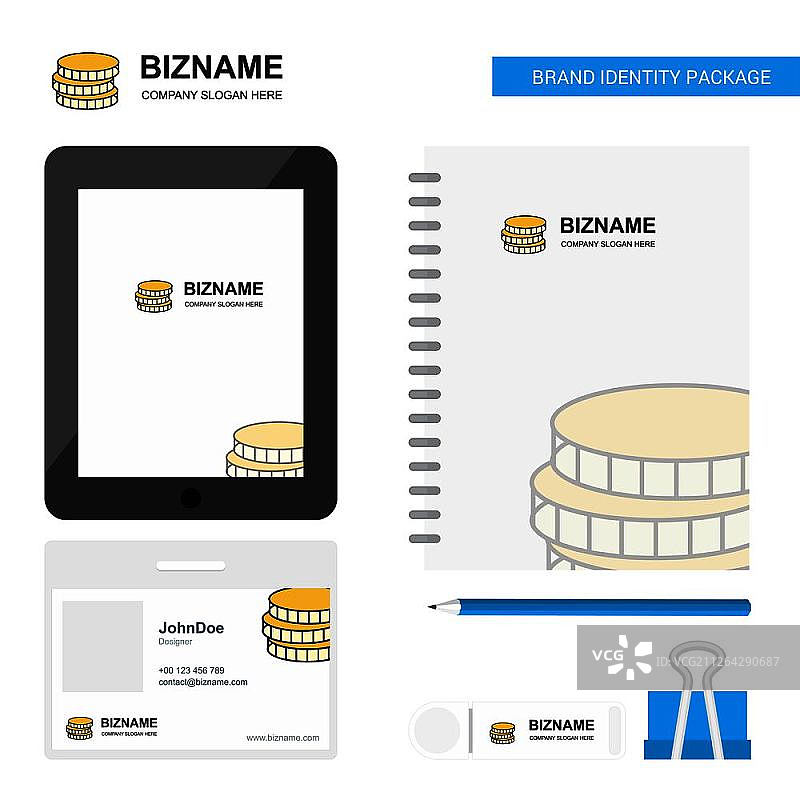 硬币商业Logo、Tab应用、日记PVC员工卡和USB品牌文具套装设计矢量模板图片素材