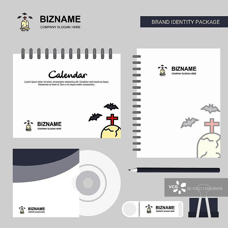 墓碑Logo、日历模板、CD封面、日记本和USB品牌文具套装设计矢量模板图片素材