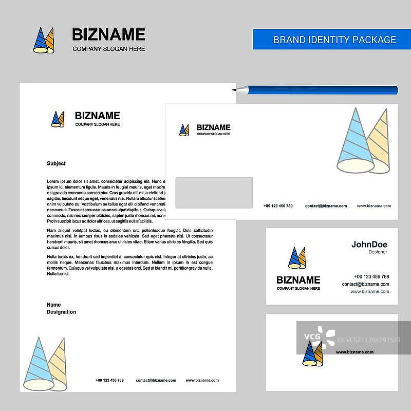 锥形帽商业信笺、信封和名片设计矢量模板图片素材