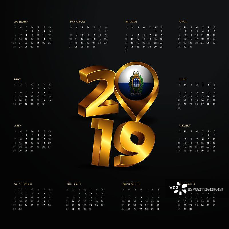 2019年日历模板，带有圣马力诺地图的金色排版标题图片素材