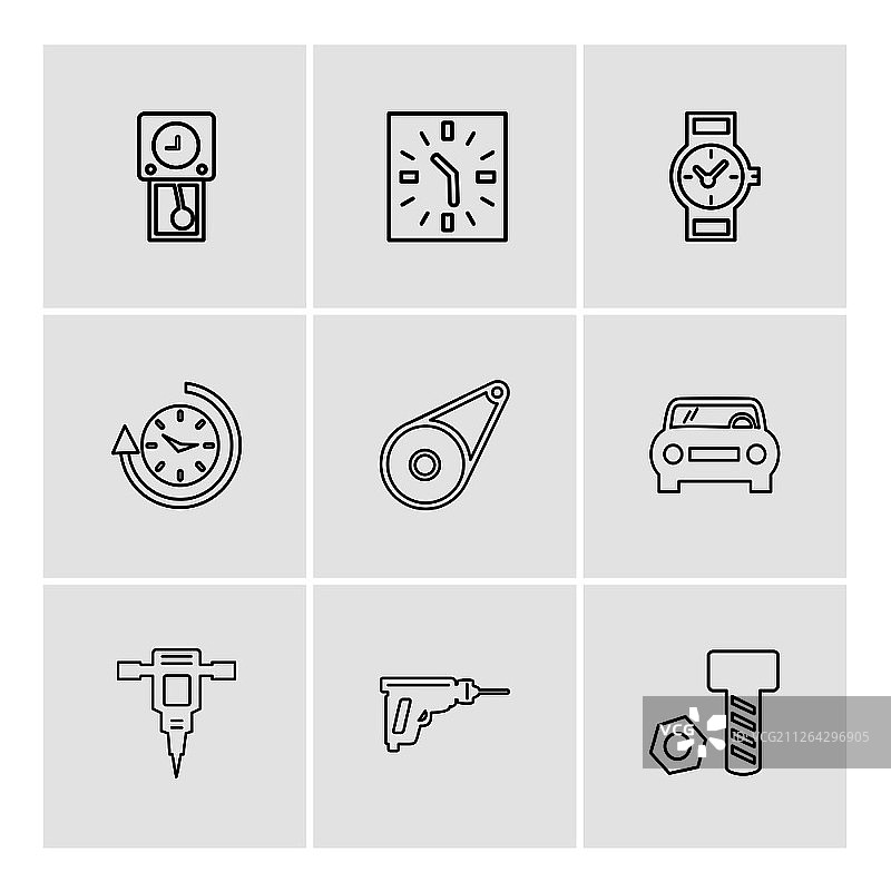 风镐螺母螺栓手表时间时钟闹钟日历定时器图标矢量设计扁平风格创意图标设置齿轮图片素材